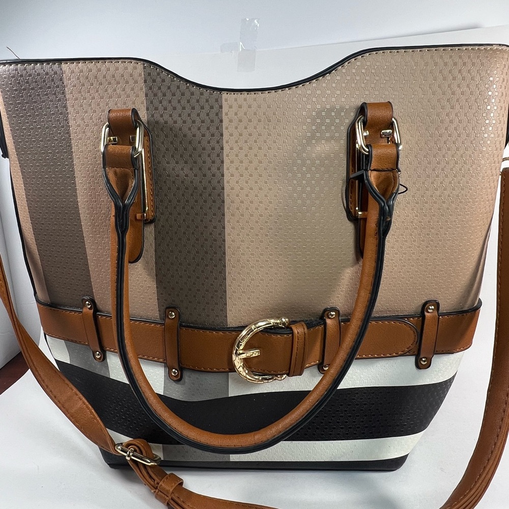 Plaid Print Belt Accent Tote Brown With Black And Pink